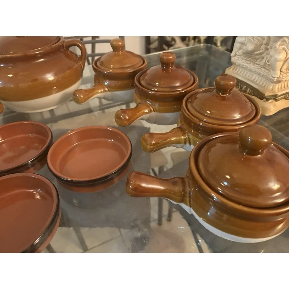 VTG Brown Drip Glaze Ceramic Soup Tureen Ladle Lid Bowls Ramekins Set Made China